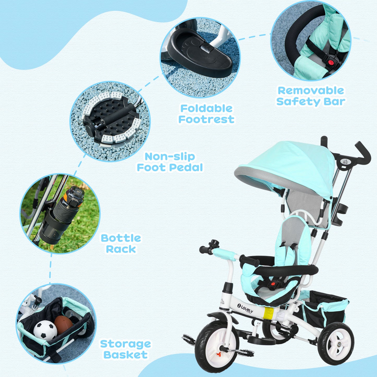 6 in 1 Kids Trike Push Bike w/ Push Handle, Canopy, 5-point Safety Belt, Storage, Footrest, Brake, for 1-5 Years, Green | HOMCOM