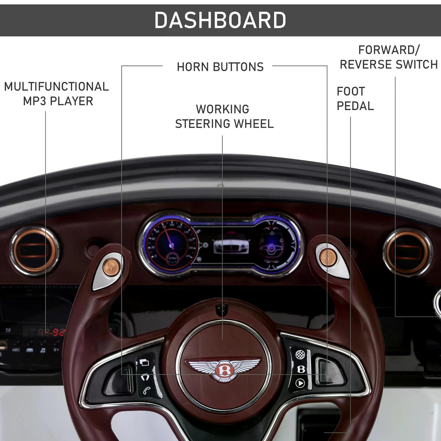 Bentley Kiddie Cruiser: 12V Ride-On with LED Illumination, MP3 Player, Youthful Thrill on Wheels, White | HOMCOM
