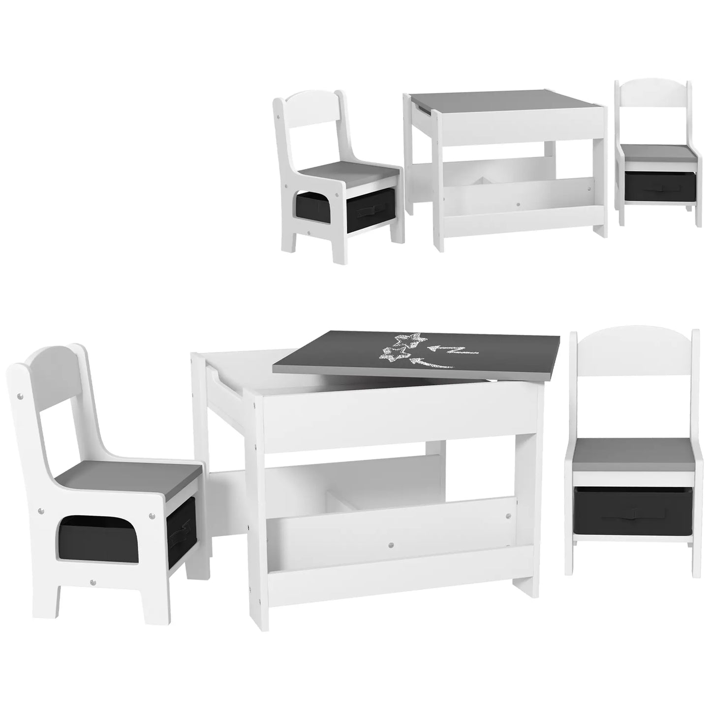 3PCs Kids Table and Chair Set with Blackboard, Storage, Bookshelves in Grey | HOMCOM