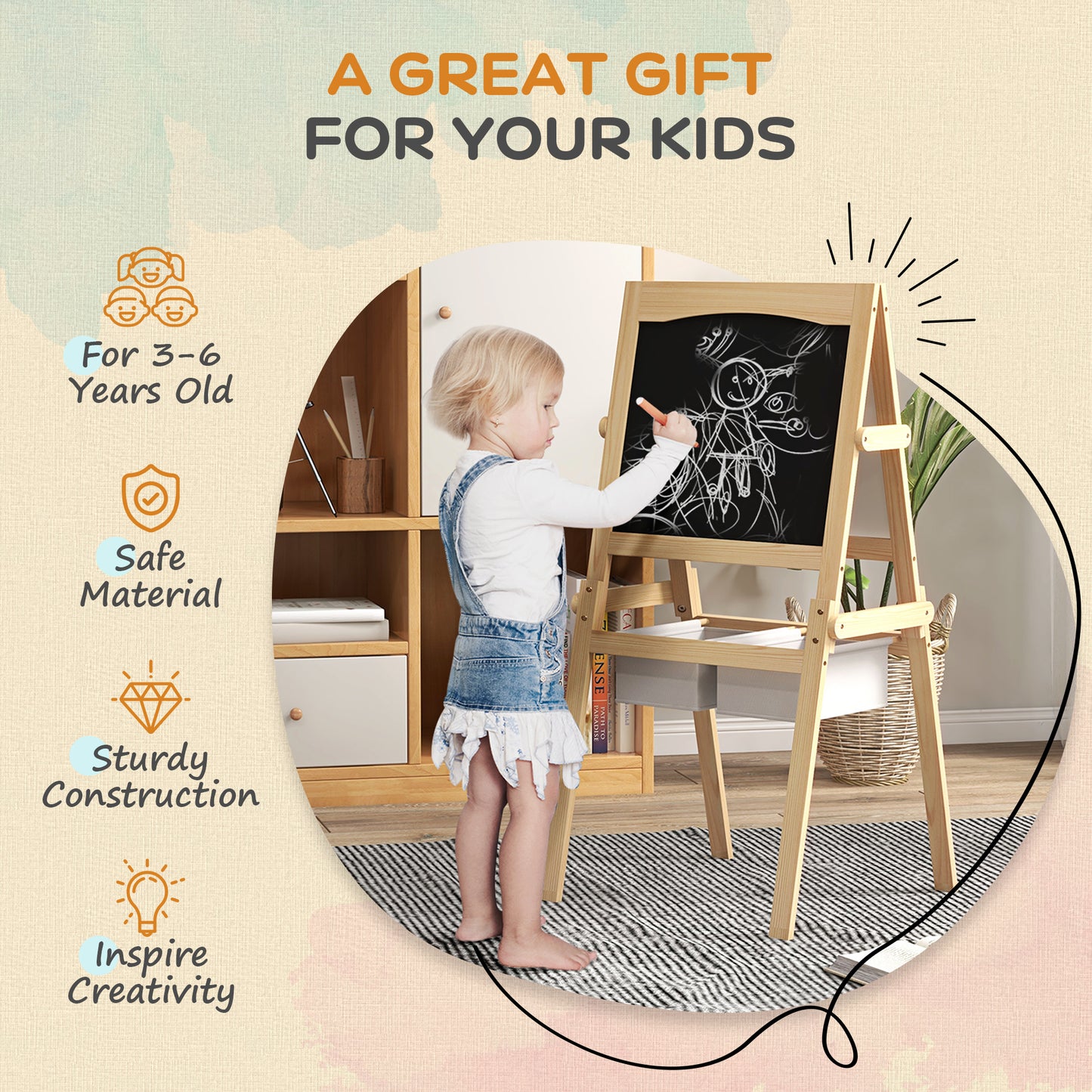 Kids Easel with Paper Roll, 3 in 1 Art Easel for Toddlers, Double-Sided Kids Whiteboard Blackboard with Storage Baskets, 3-6 Years | AIYAPLAY