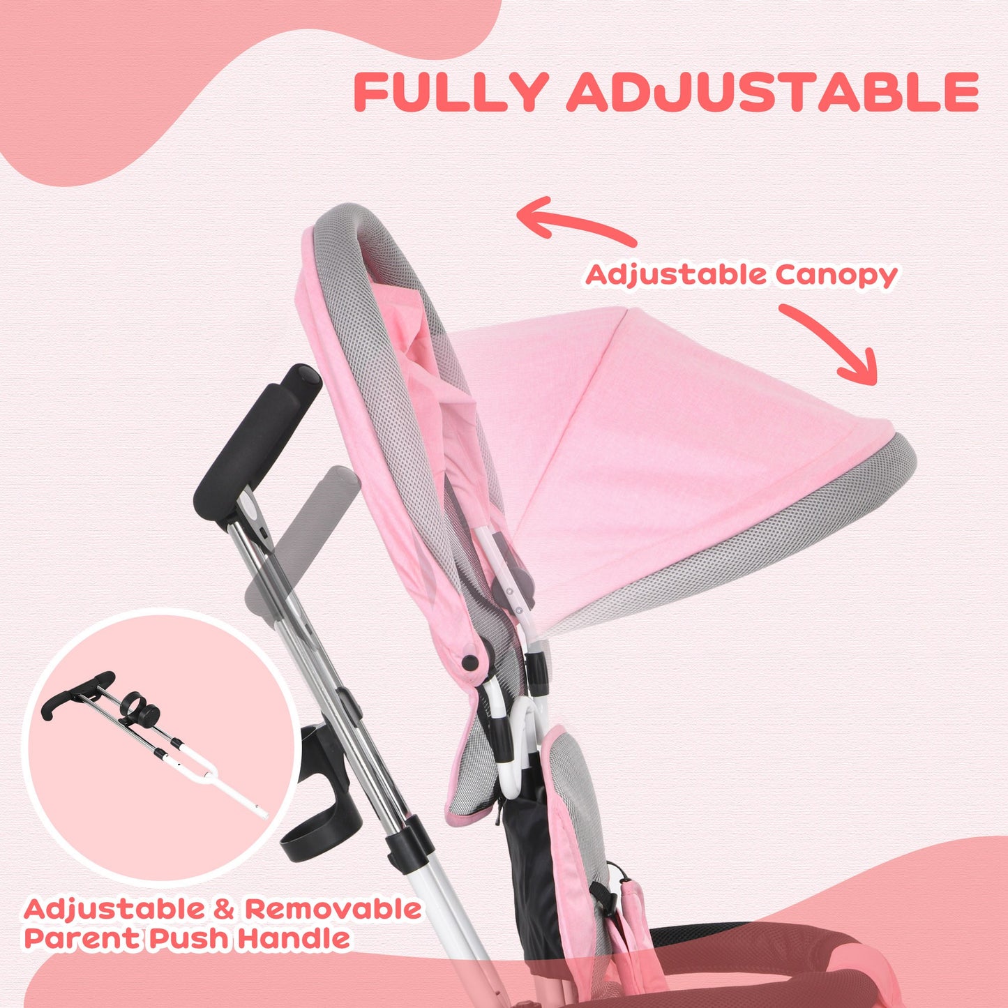 Pink Kids Trike 4 in 1 Push Bike with Push Handle, Canopy, 5-point Safety Belt, Storage, Footrest, Brake, for 1-5 Years by HOMCOM