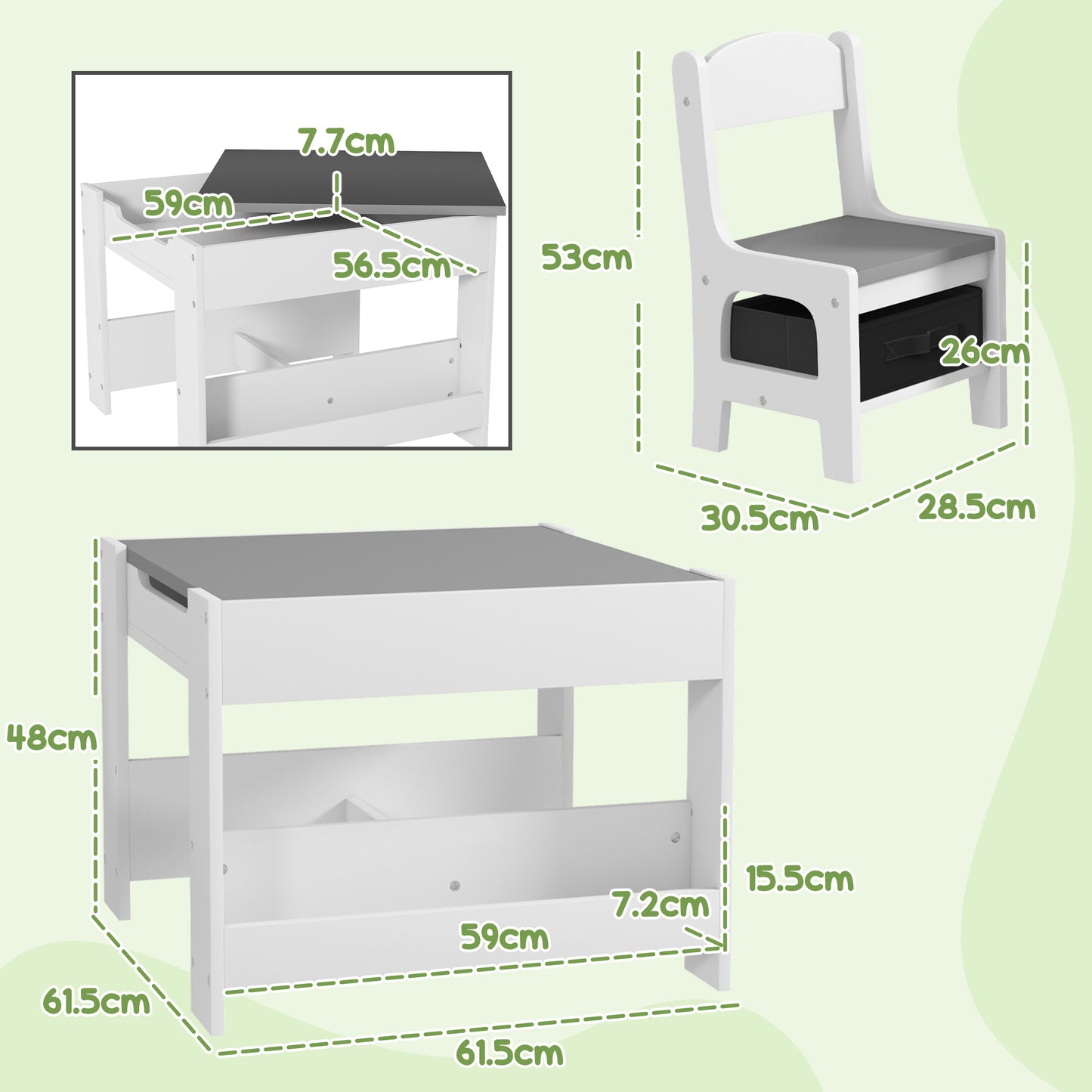 3PCs Kids Table and Chair Set with Blackboard, Storage, Bookshelves in Grey | HOMCOM