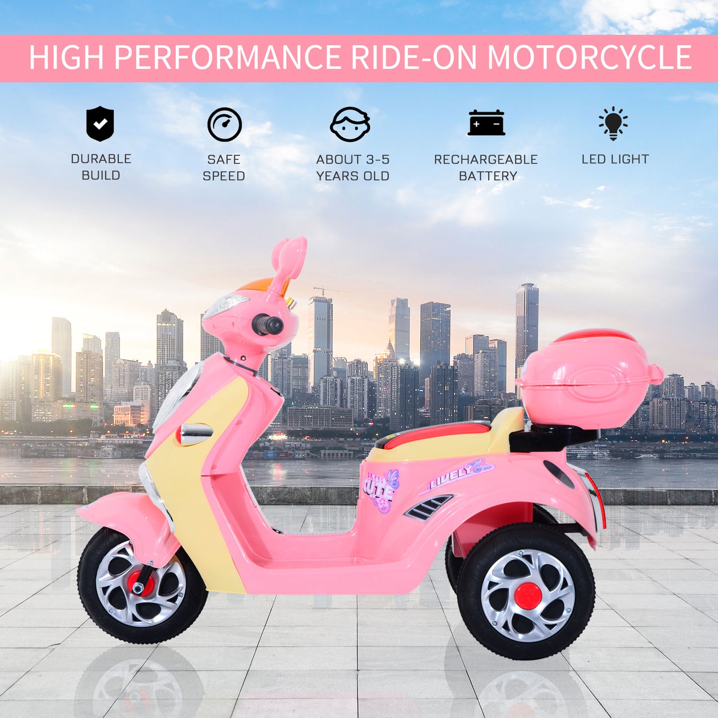 HOMCOM Toy Motorbike Plastic Music Playing Electric Ride-On Motorbike w/ Lights Pink