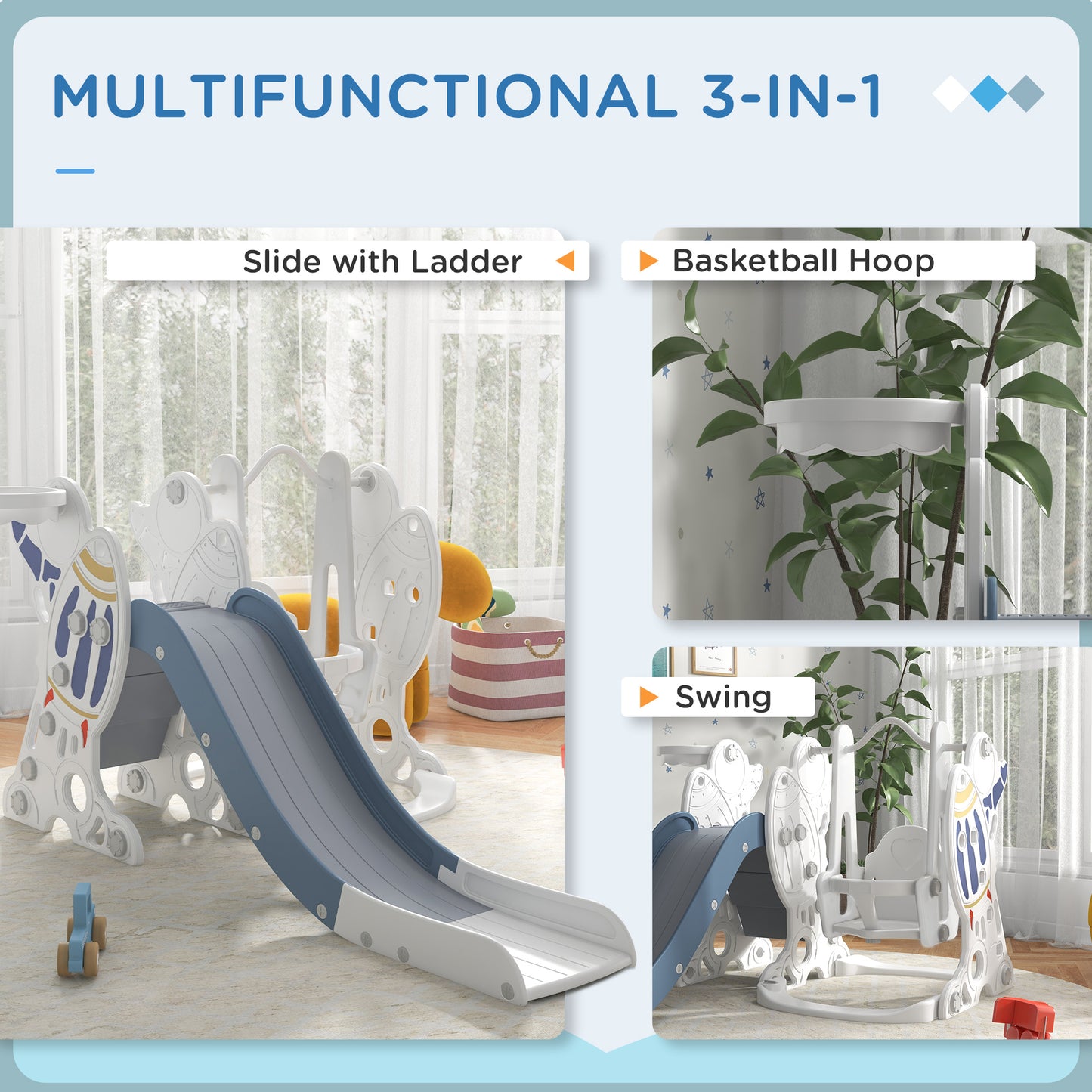 AIYAPLAY Space-Themed Kids Slide and Swing Set with Basketball Hoop in Blue