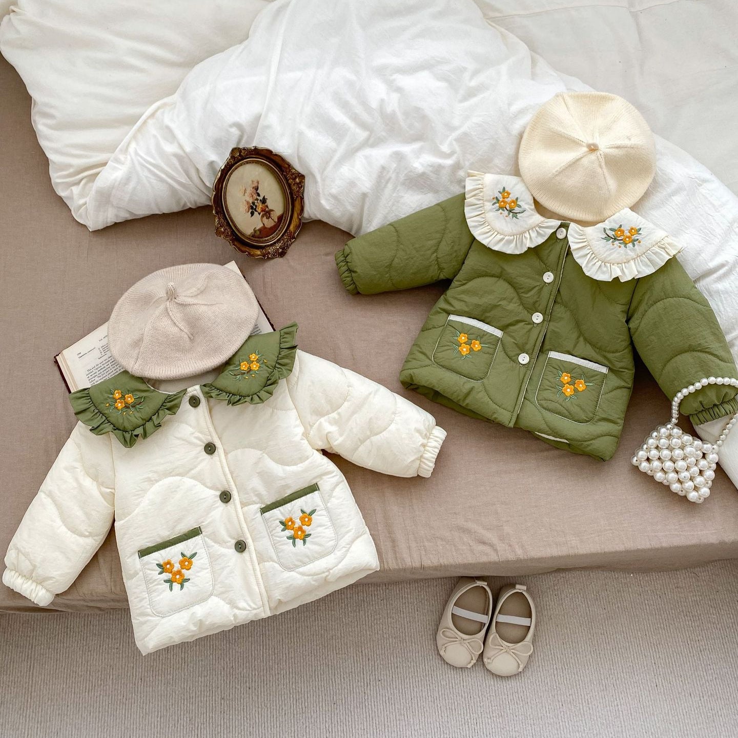 Winter Arrival Baby Kids Girls Flowers Embroidery Single Breasted Thick Coat