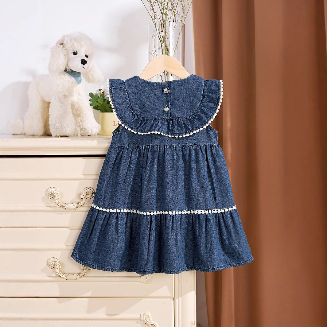 Summer Baby Kids Girls Denim Sleeveless Flowers Pattern Embroidered Dress