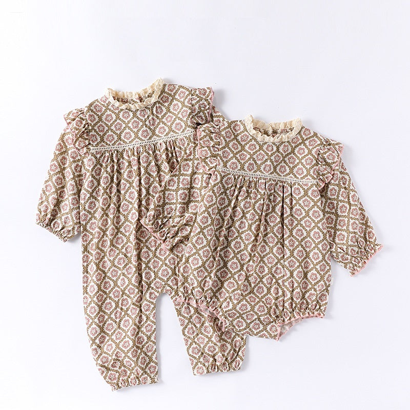 Spring Arrival Baby Girls Long Sleeves Vintage Floral Pattern Rompers and Onesies
