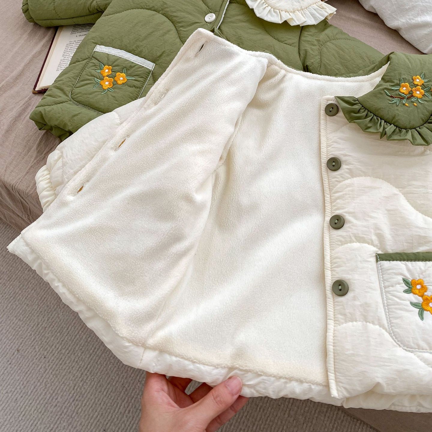 Winter Arrival Baby Kids Girls Flowers Embroidery Single Breasted Thick Coat