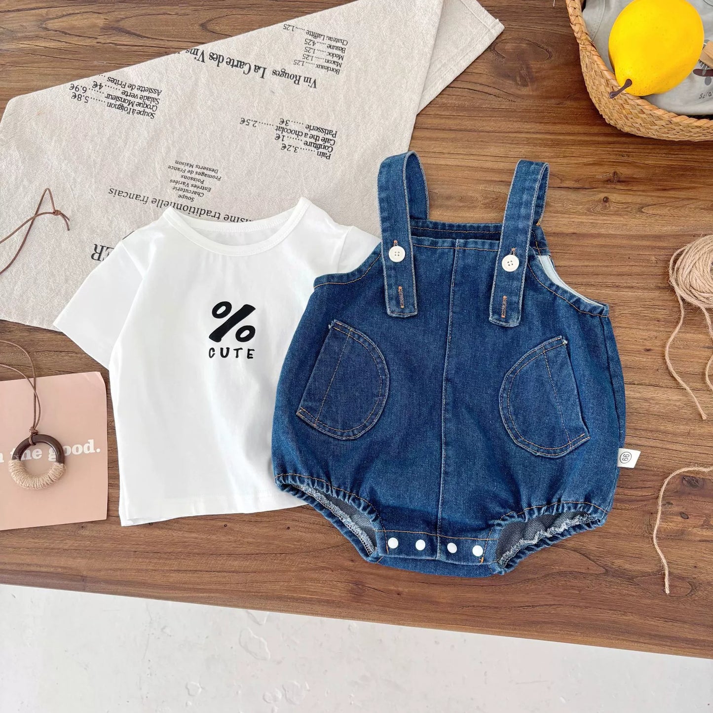 Summer Hot Selling Baby Kids Unisex Sleeveless Denim Blue Strap Onesies Overalls and White T-Shirt Clothing Set