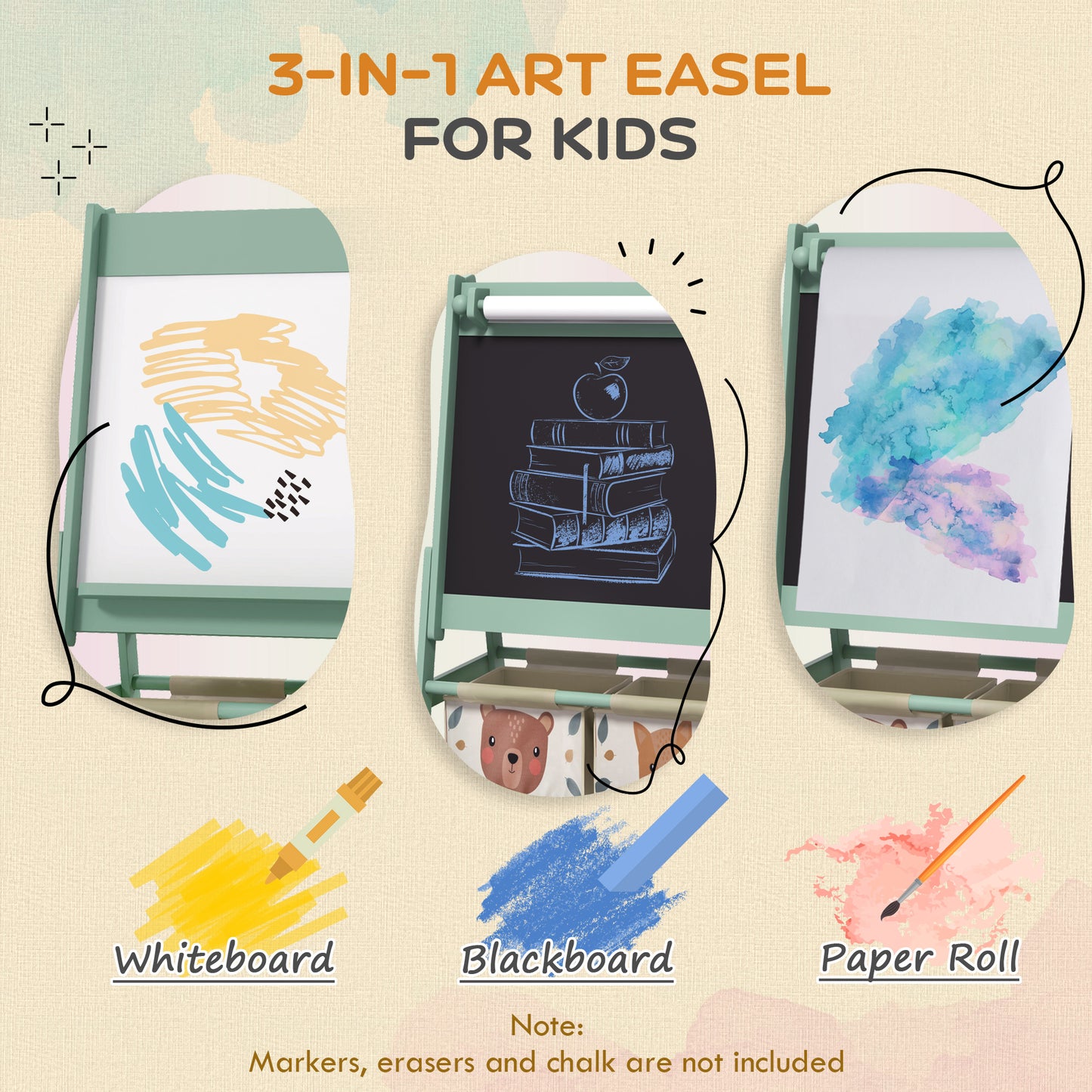 Three-In-One Kids Easel with Paper Roll, Art Easel, with Storage - Green | AIYAPLAY