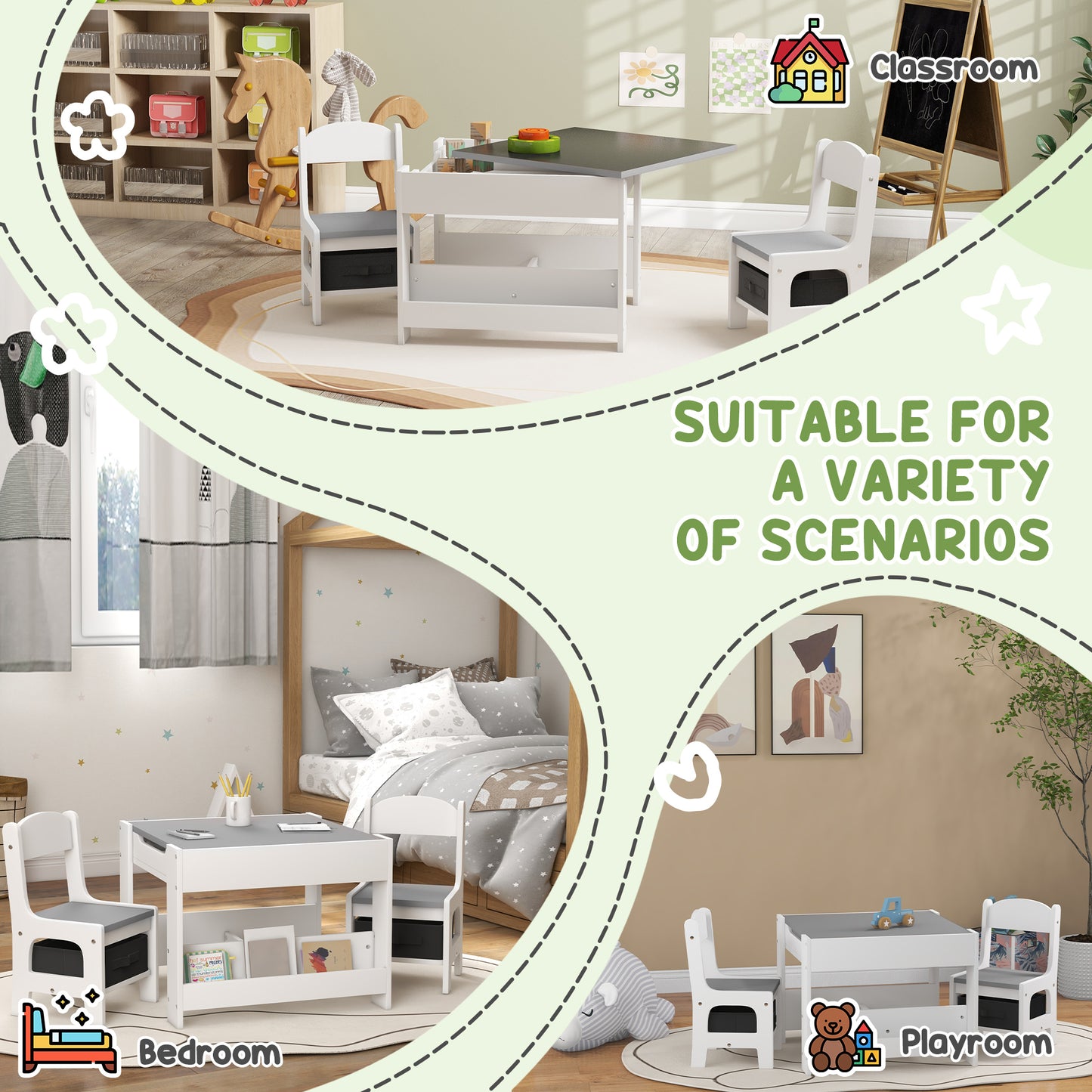 3PCs Kids Table and Chair Set with Blackboard, Storage, Bookshelves in Grey | HOMCOM