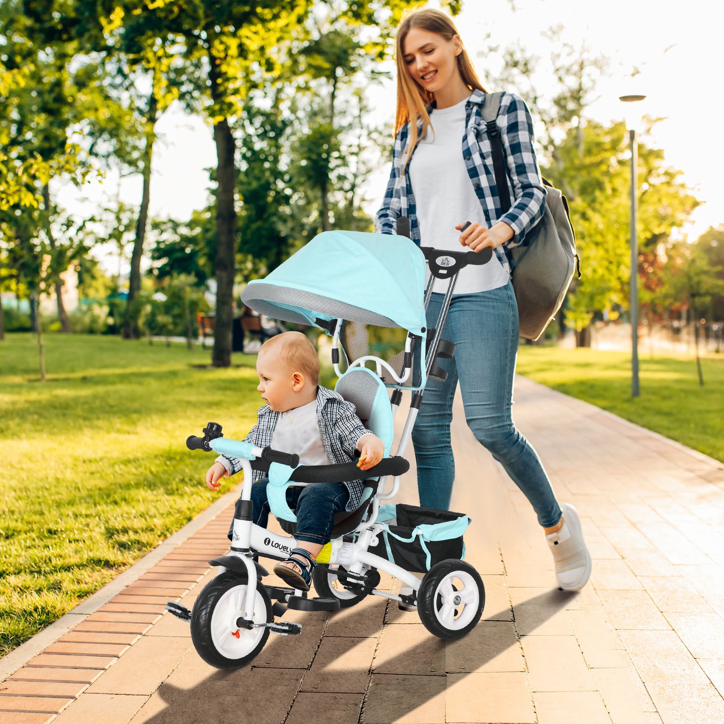 6 in 1 Kids Trike Push Bike w/ Push Handle, Canopy, 5-point Safety Belt, Storage, Footrest, Brake, for 1-5 Years, Green | HOMCOM