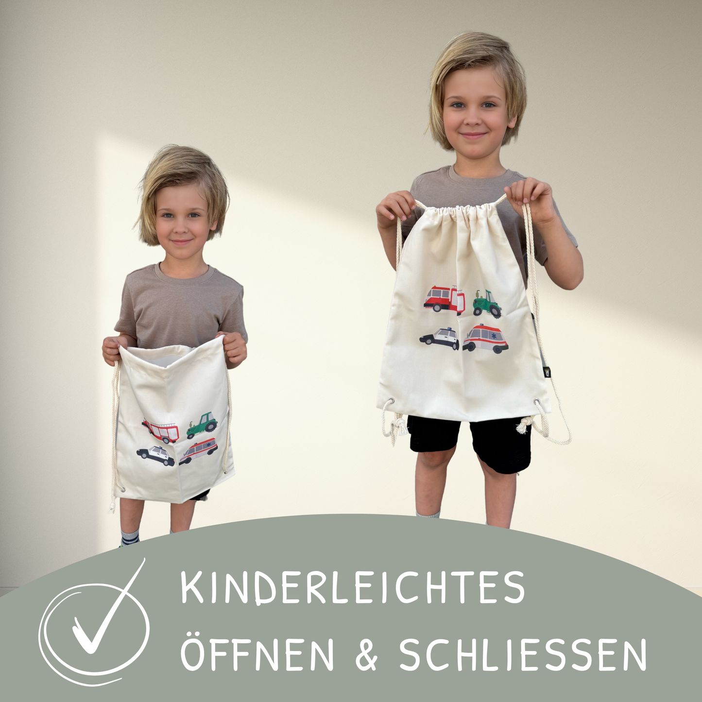 Kinder Turnbeutel Autos beige