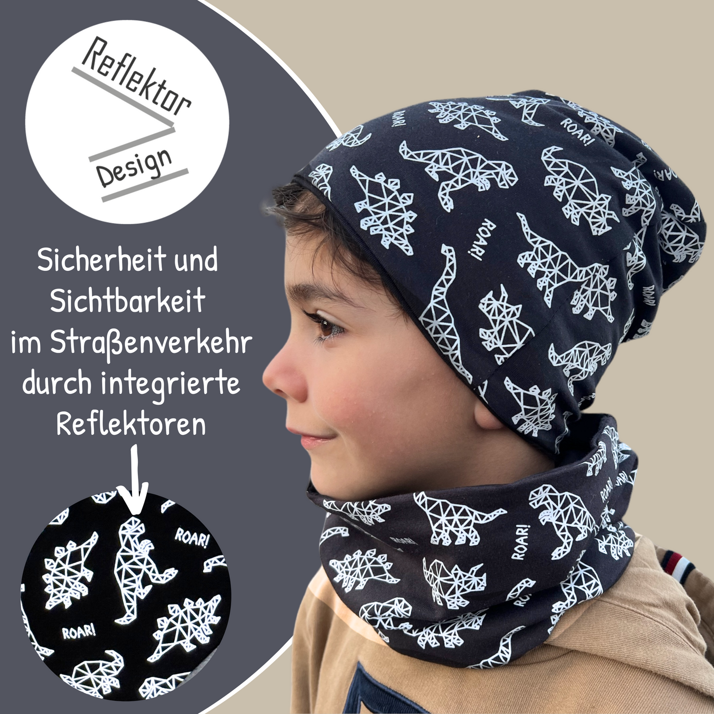 Kinder Reflektor Mütze & Loop Dinosaurier
