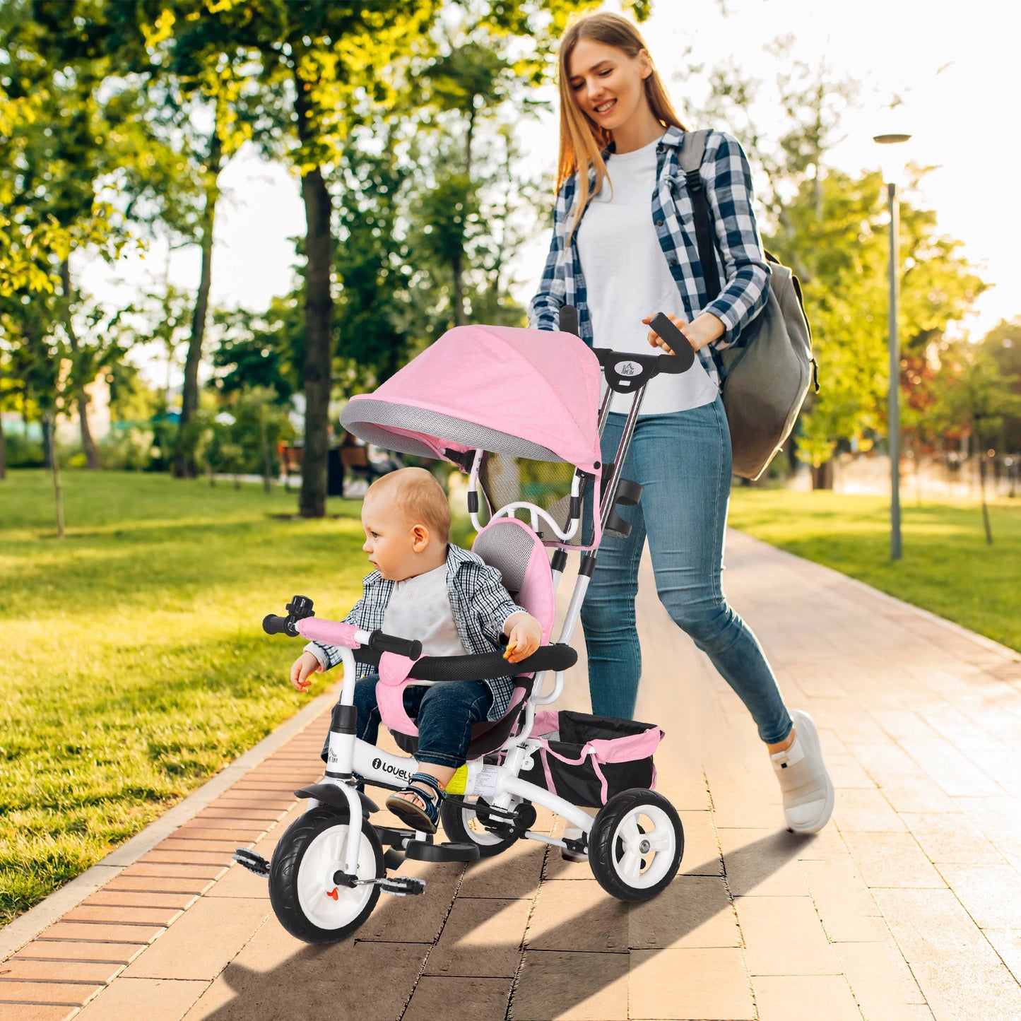 Pink Kids Trike 4 in 1 Push Bike with Push Handle, Canopy, 5-point Safety Belt, Storage, Footrest, Brake, for 1-5 Years by HOMCOM