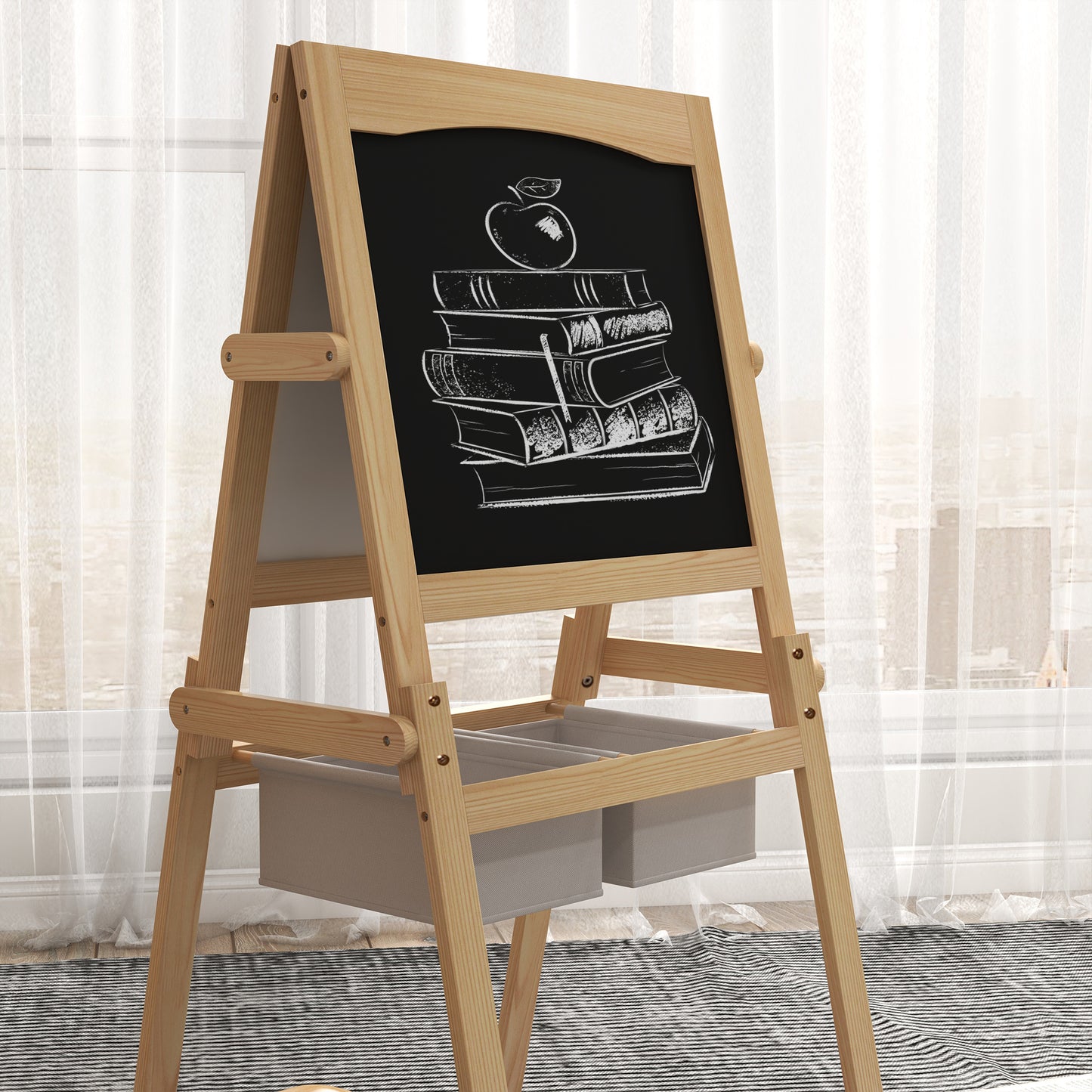 Kids Easel with Paper Roll, 3 in 1 Art Easel for Toddlers, Double-Sided Kids Whiteboard Blackboard with Storage Baskets, 3-6 Years | AIYAPLAY