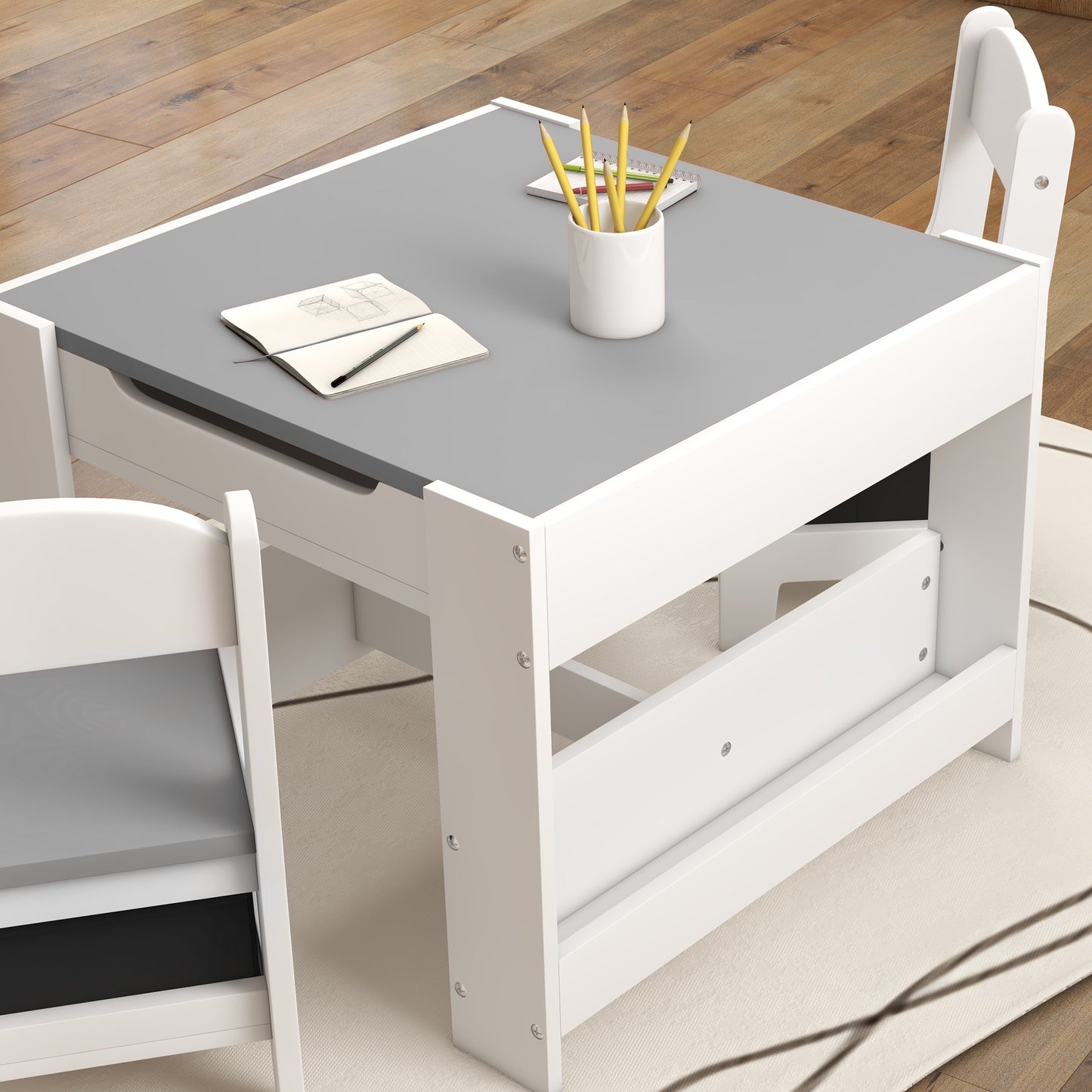 3PCs Kids Table and Chair Set with Blackboard, Storage, Bookshelves in Grey | HOMCOM