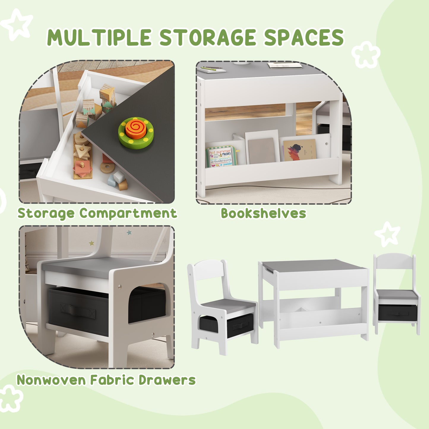 3PCs Kids Table and Chair Set with Blackboard, Storage, Bookshelves in Grey | HOMCOM