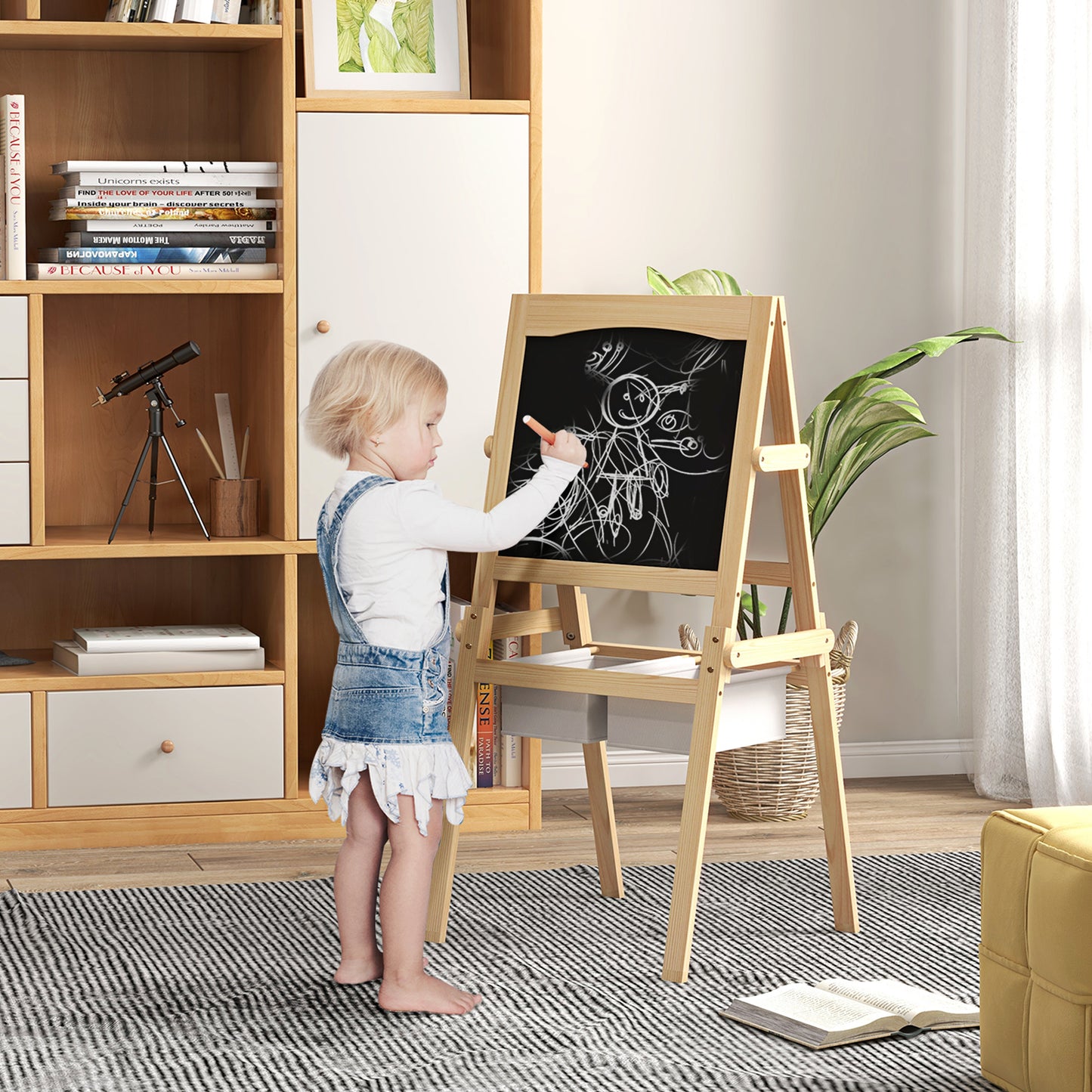 Kids Easel with Paper Roll, 3 in 1 Art Easel for Toddlers, Double-Sided Kids Whiteboard Blackboard with Storage Baskets, 3-6 Years | AIYAPLAY