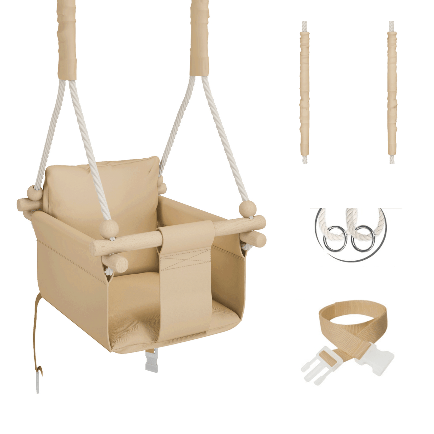 MAMOI® Balançoire d'intérieur pour enfants avec ceintures de sécurité, siège souple avec coussin, poignées en bois, montage au plafond, 100% ECO, fabriqué dans l'UE