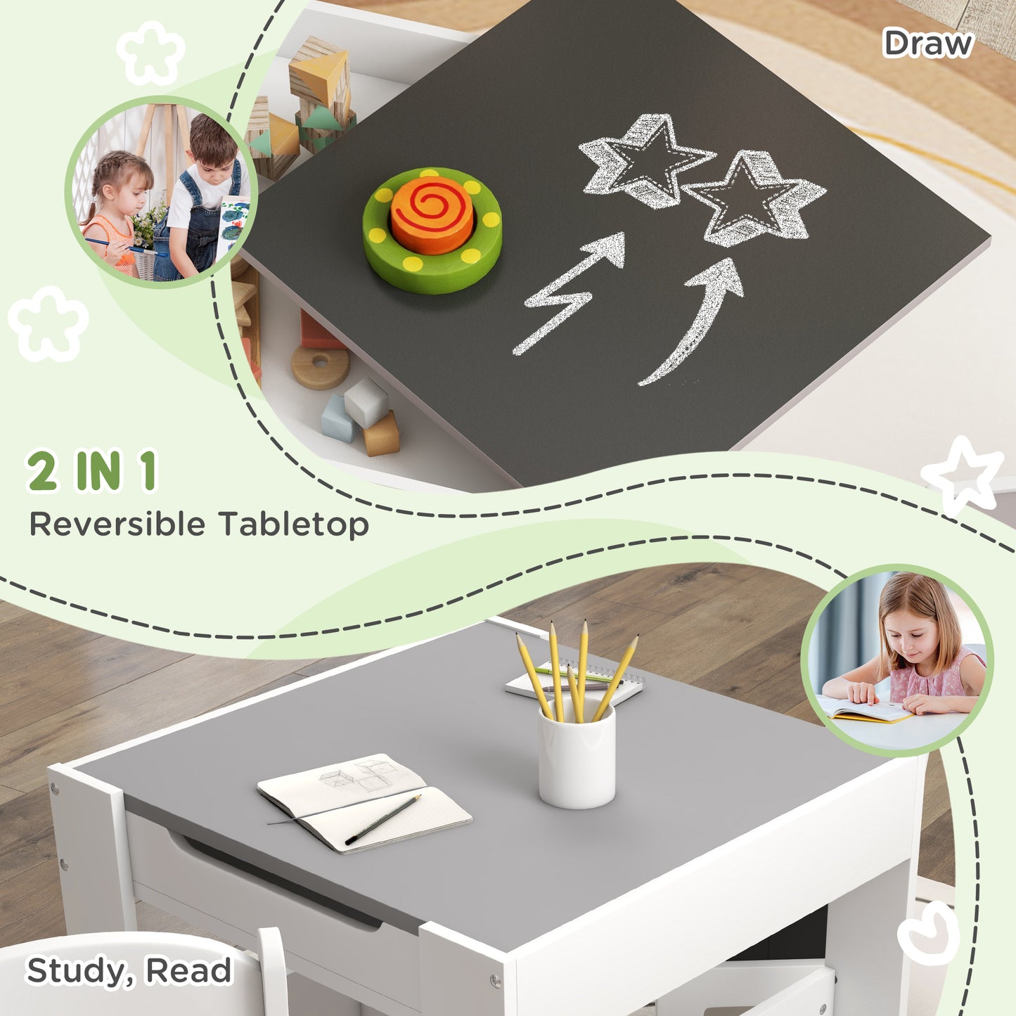 3PCs Kids Table and Chair Set with Blackboard, Storage, Bookshelves in Grey | HOMCOM