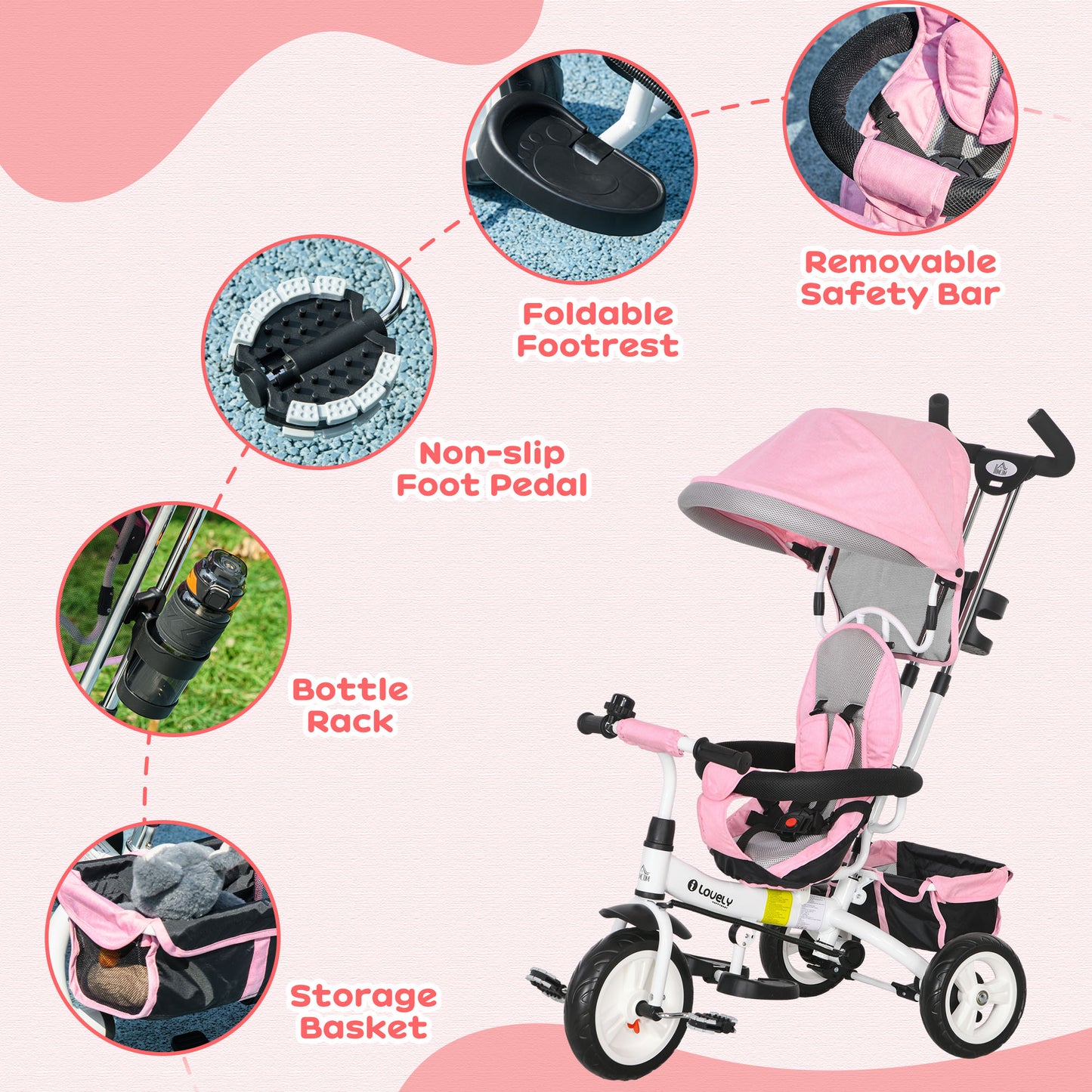 Pink Kids Trike 4 in 1 Push Bike with Push Handle, Canopy, 5-point Safety Belt, Storage, Footrest, Brake, for 1-5 Years by HOMCOM