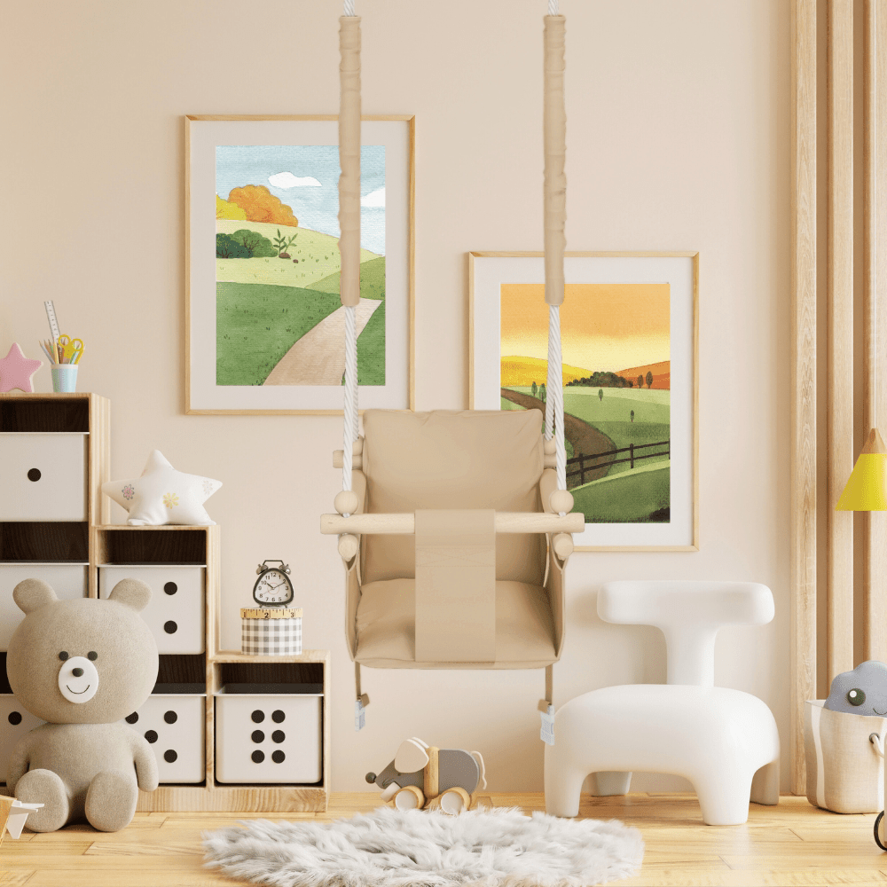 MAMOI® Balançoire d'intérieur pour enfants avec ceintures de sécurité, siège souple avec coussin, poignées en bois, montage au plafond, 100% ECO, fabriqué dans l'UE