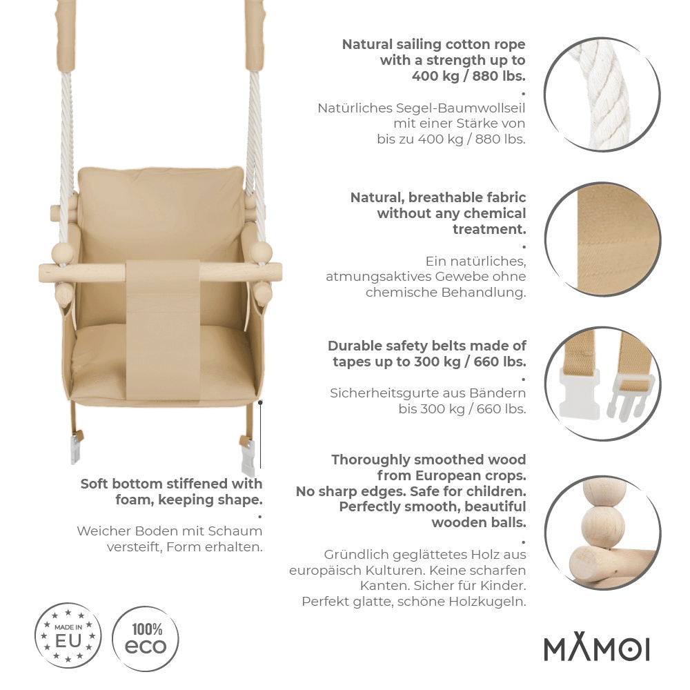 MAMOI® Balançoire d'intérieur pour enfants avec ceintures de sécurité, siège souple avec coussin, poignées en bois, montage au plafond, 100% ECO, fabriqué dans l'UE
