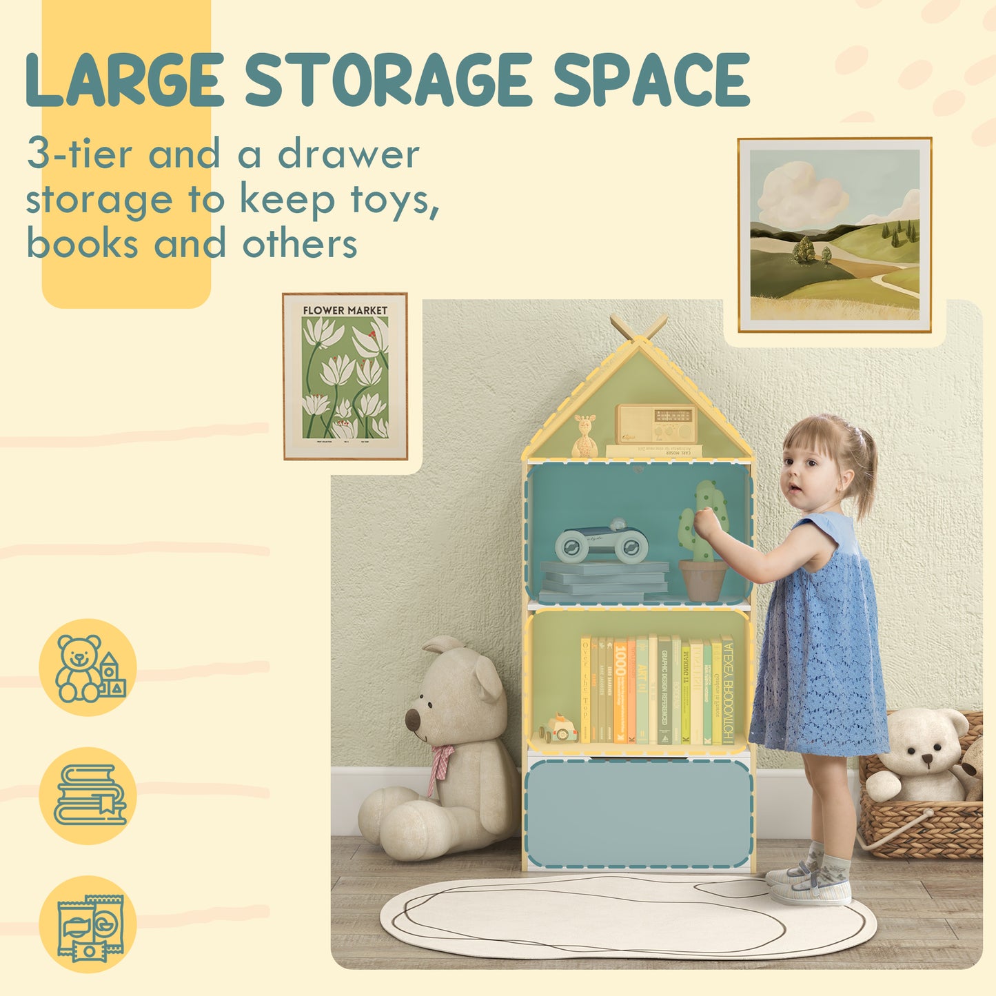 Kids Bookshelf with 3 Shelves, Drawer, Anti-tip Device, Anti-Slip Foot Cover, for Kids Room, Green | AIYAPLAY