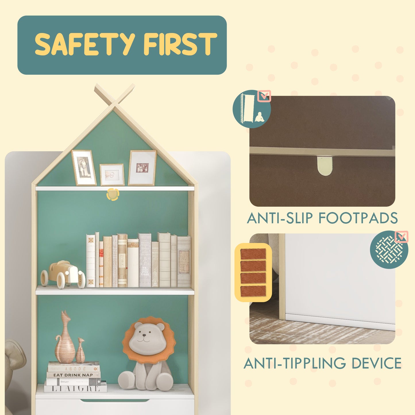 Kids Bookshelf with 3 Shelves, Drawer, Anti-tip Device, Anti-Slip Foot Cover, for Kids Room, Green | AIYAPLAY