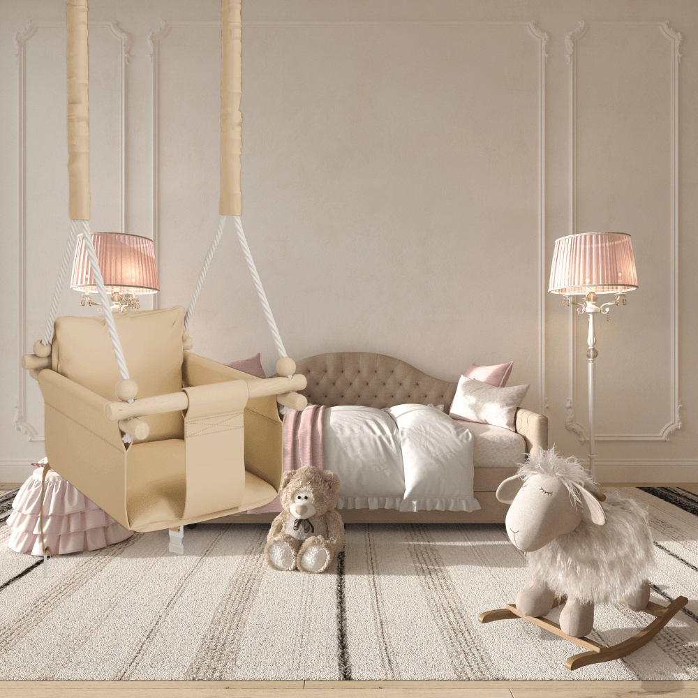 MAMOI® Balançoire d'intérieur pour enfants avec ceintures de sécurité, siège souple avec coussin, poignées en bois, montage au plafond, 100% ECO, fabriqué dans l'UE
