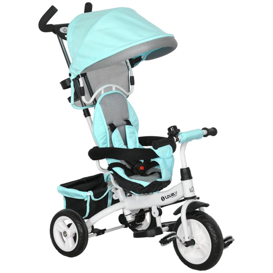 6 in 1 Kids Trike Push Bike w/ Push Handle, Canopy, 5-point Safety Belt, Storage, Footrest, Brake, for 1-5 Years, Green | HOMCOM