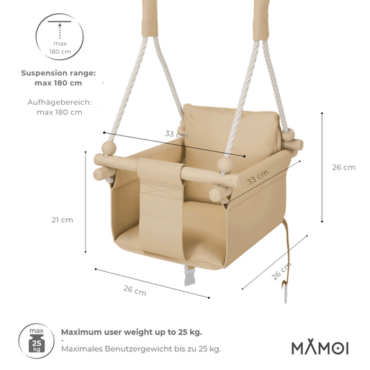 MAMOI® Balançoire d'intérieur pour enfants avec ceintures de sécurité, siège souple avec coussin, poignées en bois, montage au plafond, 100% ECO, fabriqué dans l'UE