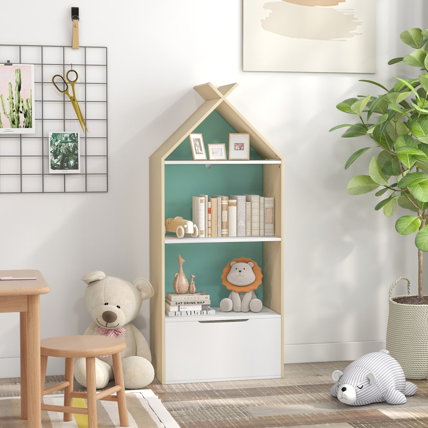 Kids Bookshelf with 3 Shelves, Drawer, Anti-tip Device, Anti-Slip Foot Cover, for Kids Room, Green | AIYAPLAY