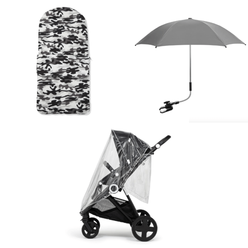 Grey Camouflage Footmuff, Parasol and Universal Rain cover Pushchair Bundle
