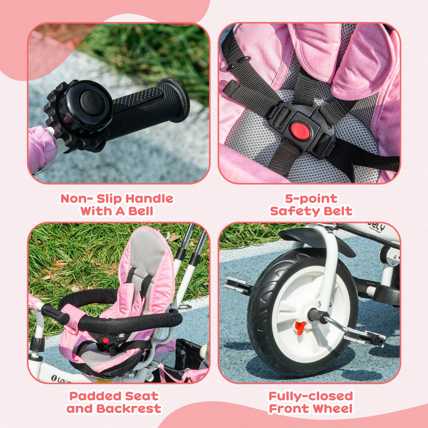 Pink Kids Trike 4 in 1 Push Bike with Push Handle, Canopy, 5-point Safety Belt, Storage, Footrest, Brake, for 1-5 Years by HOMCOM