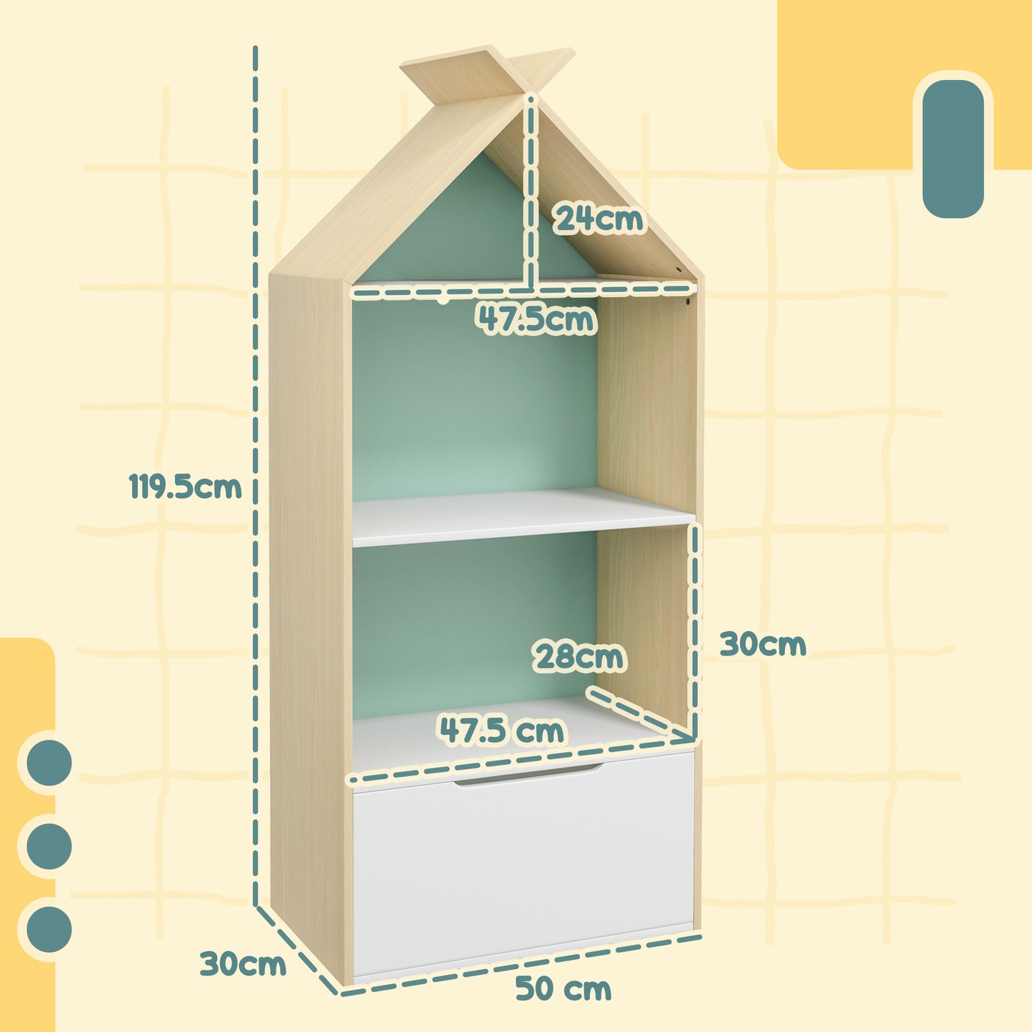 Kids Bookshelf with 3 Shelves, Drawer, Anti-tip Device, Anti-Slip Foot Cover, for Kids Room, Green | AIYAPLAY