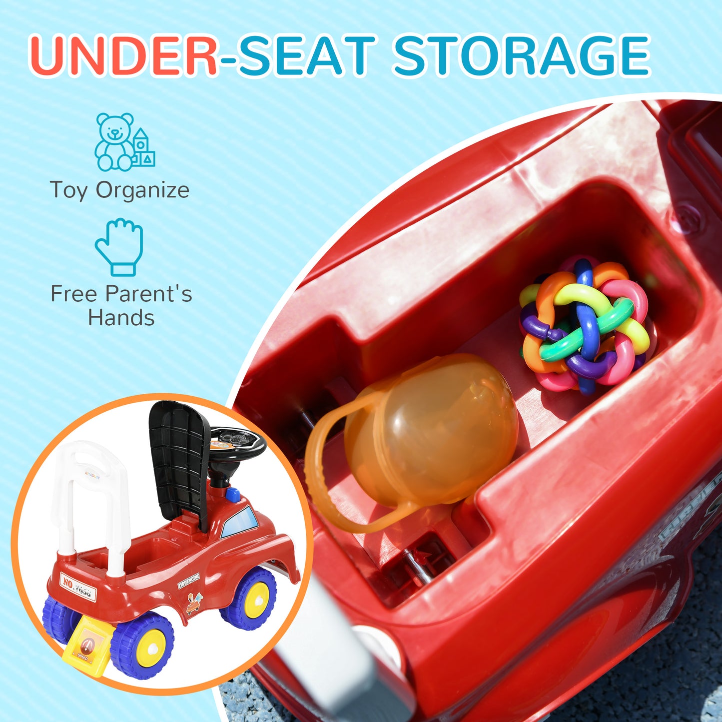 Kids Ride On Fire Truck Foot to Floor Design with Under Seat Storage for 1.5-3 Years in Red by AIYAPLAY