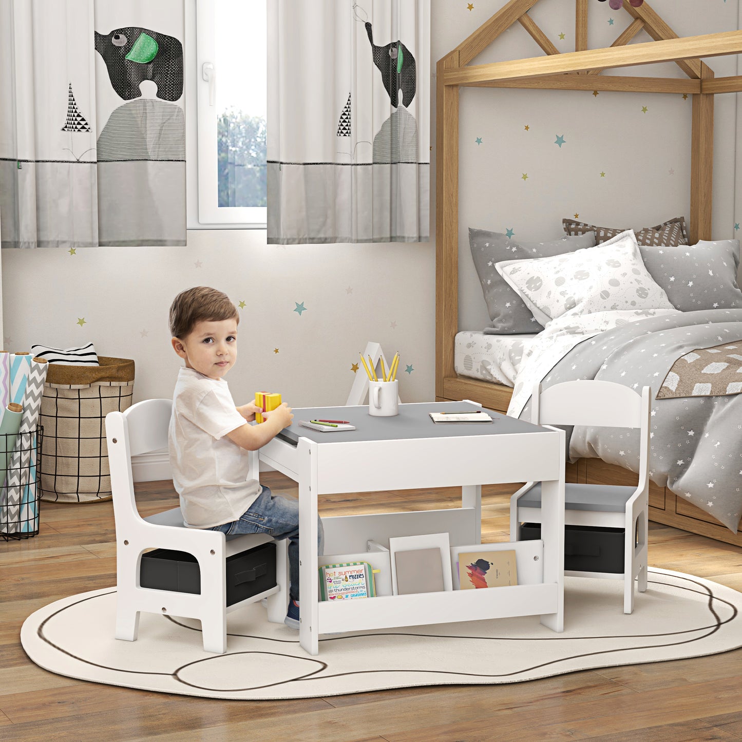 3PCs Kids Table and Chair Set with Blackboard, Storage, Bookshelves in Grey | HOMCOM