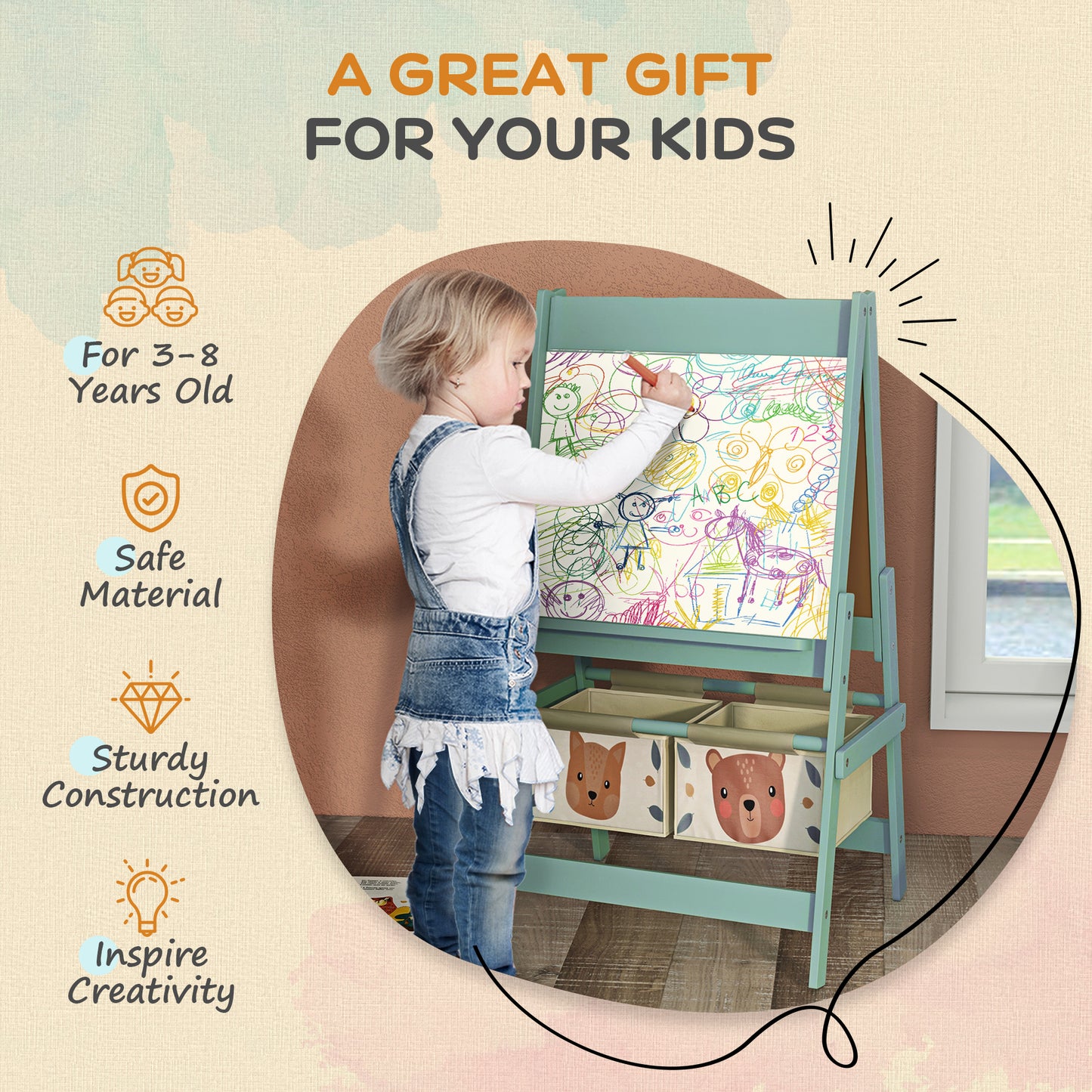 Three-In-One Kids Easel with Paper Roll, Art Easel, with Storage - Green | AIYAPLAY