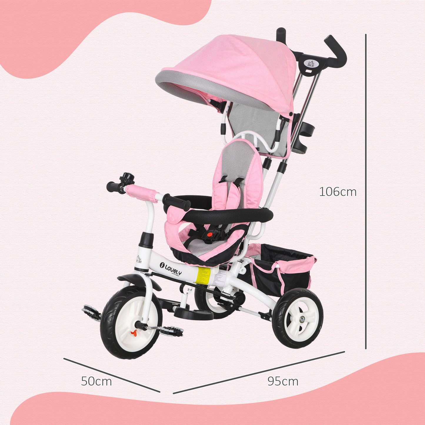 Pink Kids Trike 4 in 1 Push Bike with Push Handle, Canopy, 5-point Safety Belt, Storage, Footrest, Brake, for 1-5 Years by HOMCOM