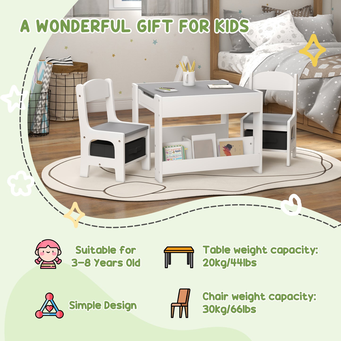 3PCs Kids Table and Chair Set with Blackboard, Storage, Bookshelves in Grey | HOMCOM