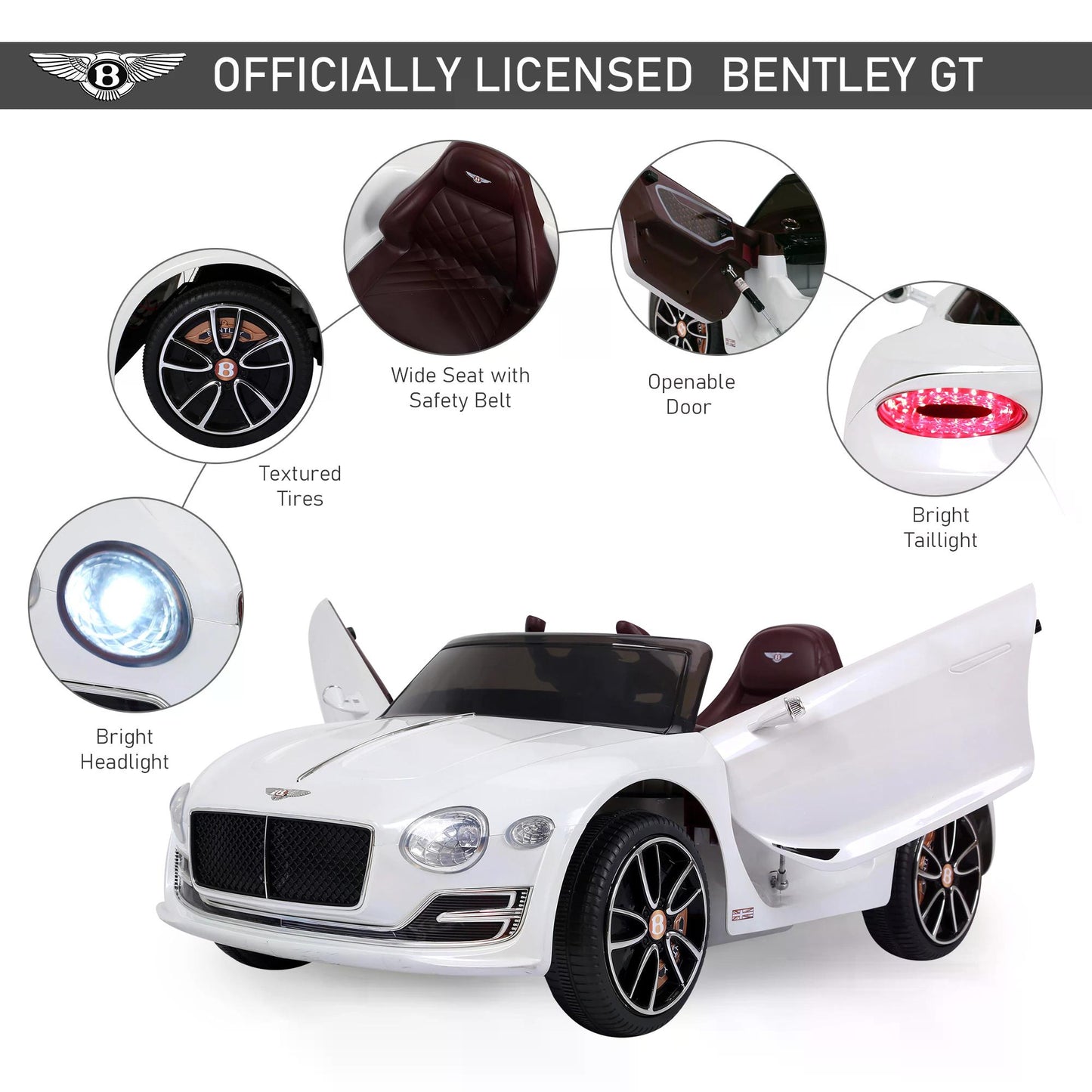Bentley Kiddie Cruiser: 12V Ride-On with LED Illumination, MP3 Player, Youthful Thrill on Wheels, White | HOMCOM