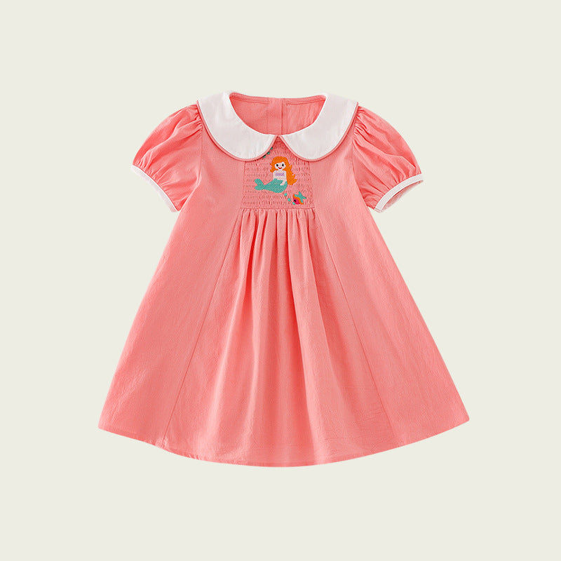 New Arrival Summer Baby Kids Girls Short Sleeves Mermaid Embroidery Dress
