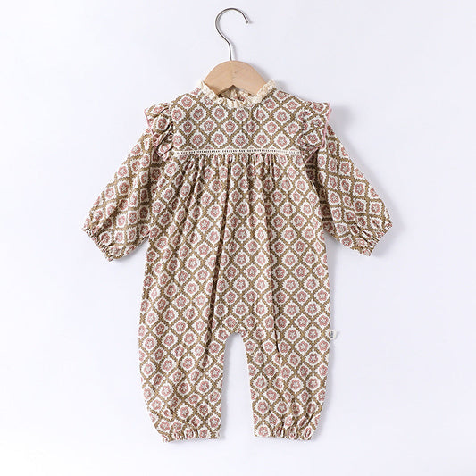 Spring Arrival Baby Girls Long Sleeves Vintage Floral Pattern Rompers and Onesies