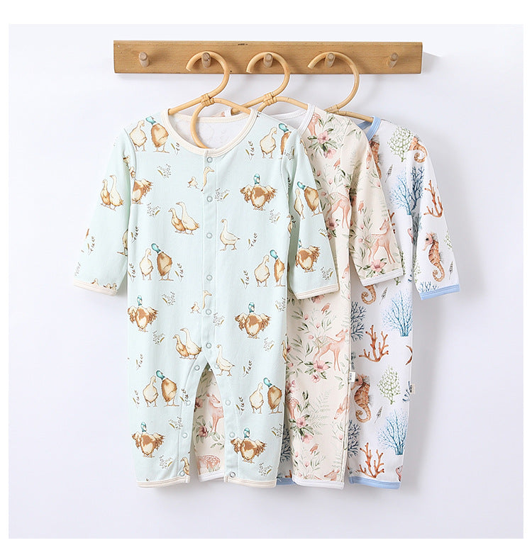 Autumn and Spring Arrival Baby Unisex Animals Pattern Long Sleeves Crew Neck Single Breasted Rompers