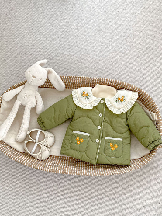 Winter Arrival Baby Kids Girls Flowers Embroidery Single Breasted Thick Coat
