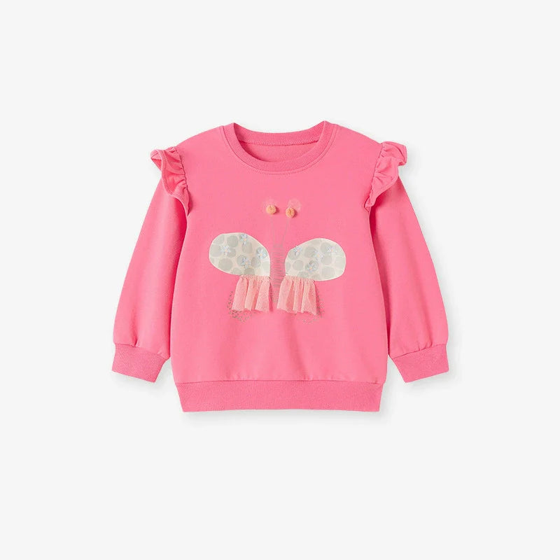 Spring and Autumn Girls Butterfly Cartoon Pattern Long Sleeves Crew Neck Top Sweatshirt and White Pants Clothing Set