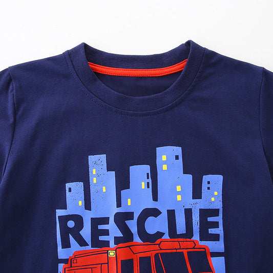 Summer Boys’ Fire Truck Cartoon Pattern T-shirt in European and American Style