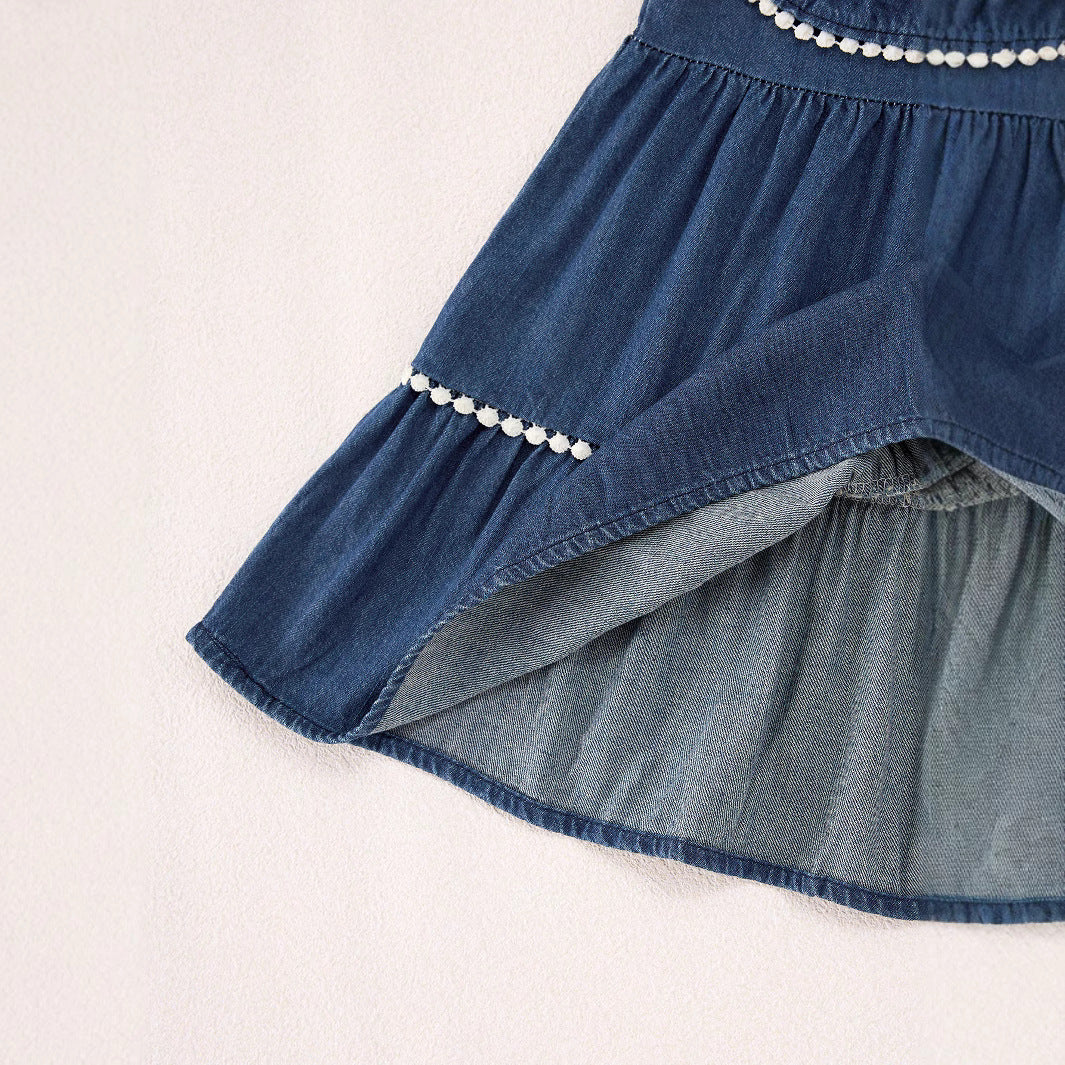 Summer Baby Kids Girls Denim Sleeveless Flowers Pattern Embroidered Dress